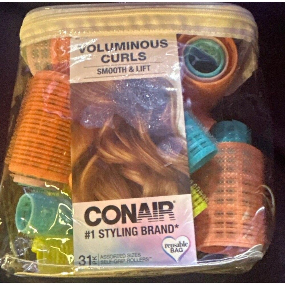 Conair Voluminous Curls Self-Grip Hair Rollers 31ct Assorted, Reusable Bag